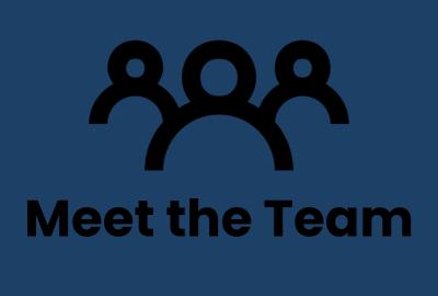 Blue background with black outline of three people, copy reads 'Meet the Team'