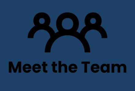 Blue background with black outline of three people, copy reads 'Meet the Team'